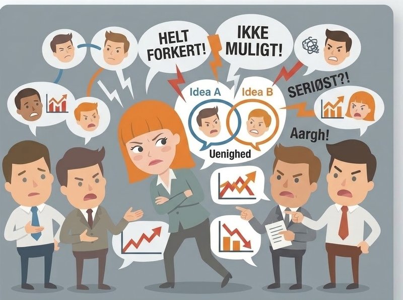 Illustration af en gruppe kolleger, der råber uenige budskaber i talebobler til hinanden