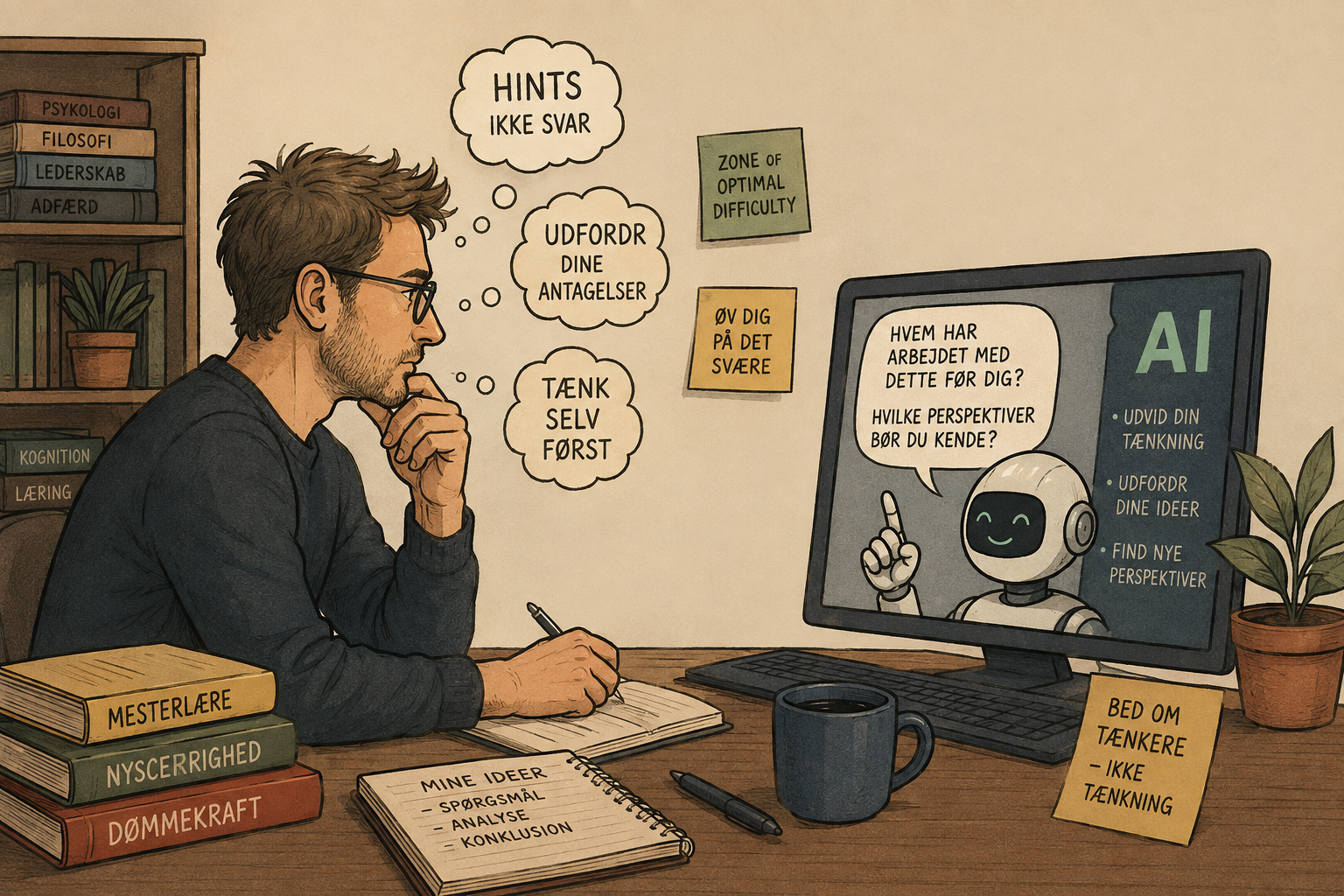 Illustration af en mand ved sit skrivebord, der tænker foran en computer med en smilende AI-robot på skærmen. Tankebobler med ordene “Hints, ikke svar”, “Udfordr dine antagelser” og “Tænk selv først”, samt post-its med “Zone of optimal difficulty”, “Øv dig på det svære” og “Bed om tænkere – ikke tænkning”.