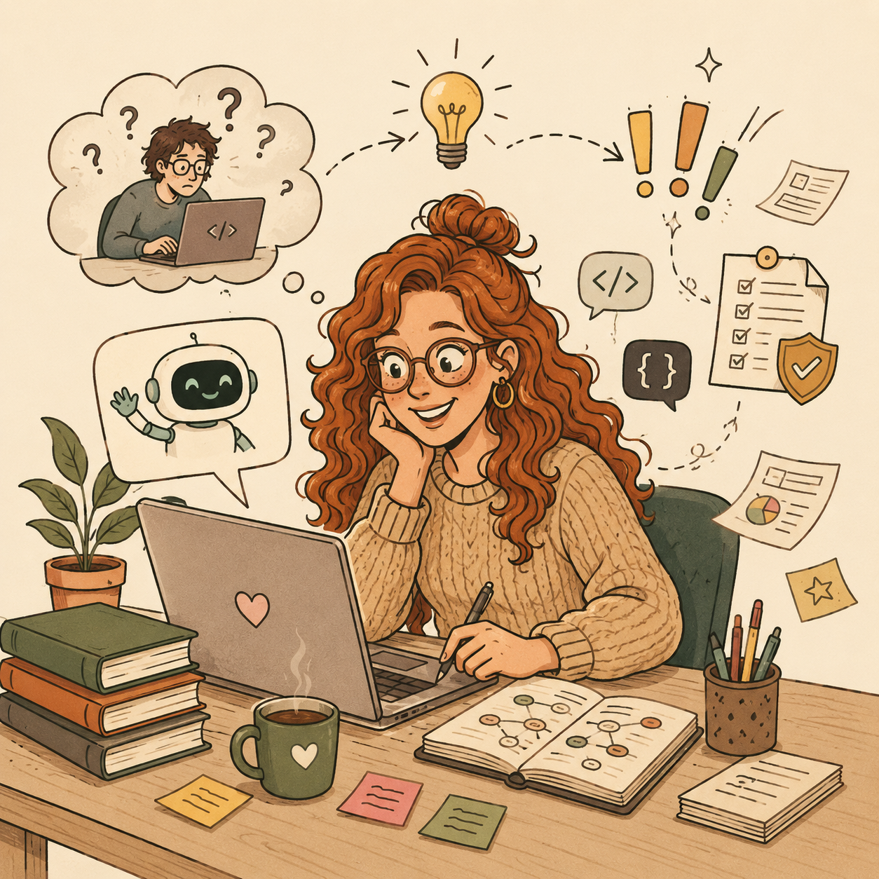 Illustration af en kvinde med krøllet rødt hår ved sin bærbare computer, omgivet af tankebobler: en robot der siger hej, kode-symboler, en tjekliste, en idé-pære og en usikker mand foran sin egen computer med spørgsmålstegn.