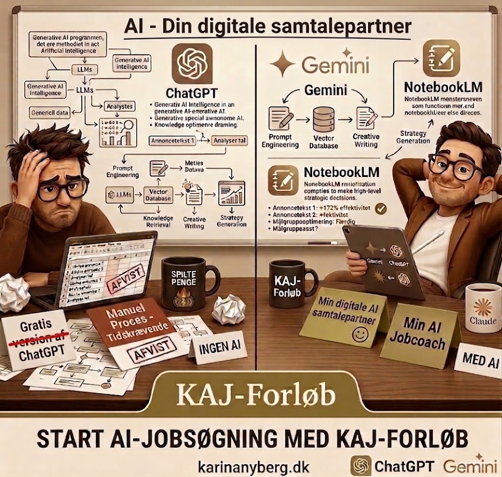Infografik: KAJ-forløb – AI-drevet jobsøgning med ChatGPT, Gemini og NotebookLM, og fordele ved AI-drevet ansøgningsproces