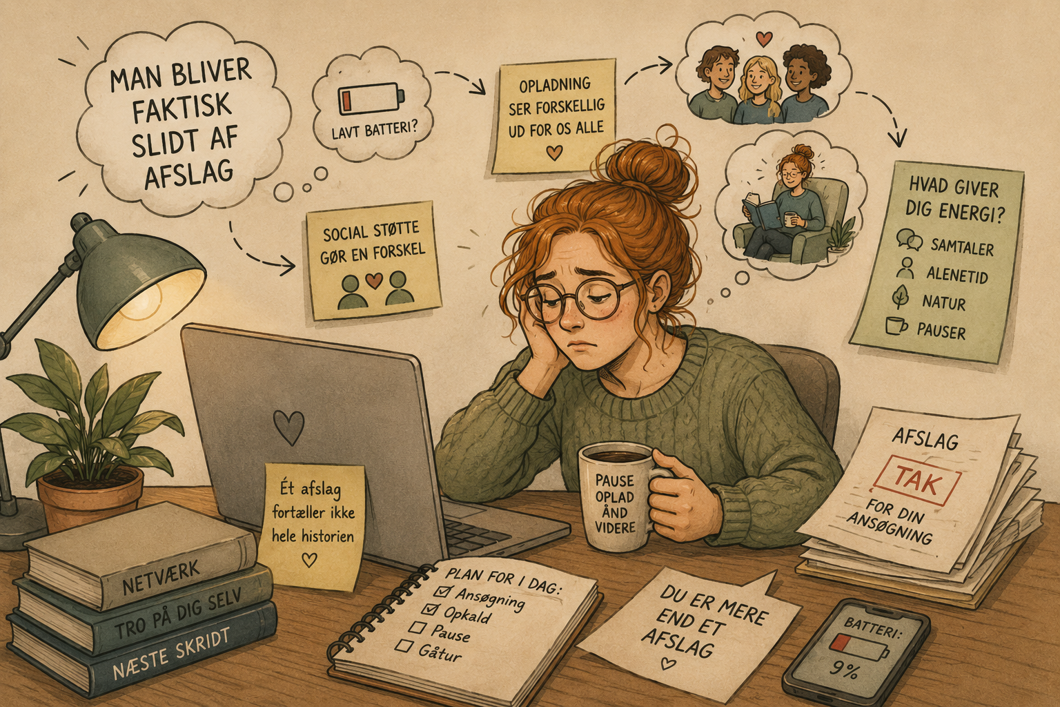 Illustration af en kvinde ved sit skrivebord, udmattet efter jobsøgning. Tankebobler med teksten “Man bliver faktisk slidt af afslag”, et lavt batteri, post-its om social støtte og at oplade er forskelligt for os alle, tanker om venner og alenetid, samt spørgsmålet “Hvad giver dig energi?” med samtaler, alenetid, natur og pauser.
