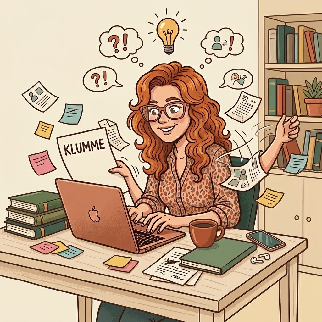 Illustration af Karina, der skriver Nybergs klumme, omgivet af bøger og avisudklip